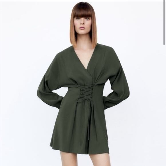 Zara V Neck Lace Up Corset Long Sleeves Flowy Mini Dress Khaki Green Size Large - Picture 14 of 14